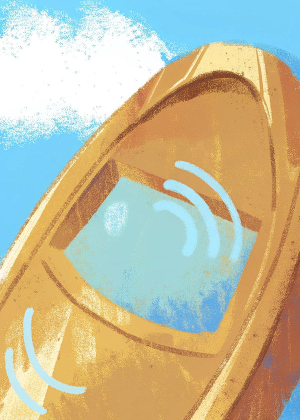 A Cartoon Illustration Of A Boat Inside A Canoe With A Window And A Small Blue Wave Icon On The Side — Stock Illustration