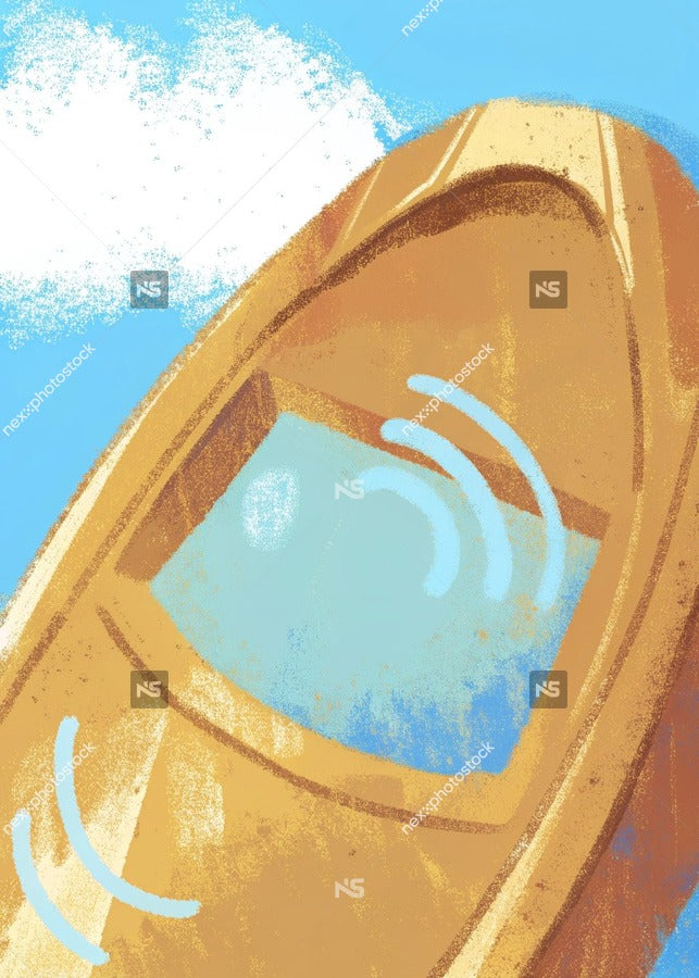 A Cartoon Illustration Of A Boat Inside A Canoe With A Window And A Small Blue Wave Icon On The Side — Stock Illustration