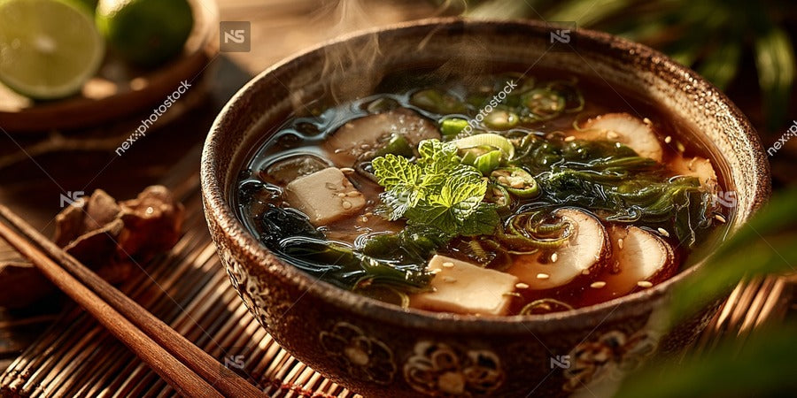 A Bowl Of Vietnamese Pho Soup With Toppings Garnished With Herbs And Lime Wedges Placed On A Dining Table — Stock Photo