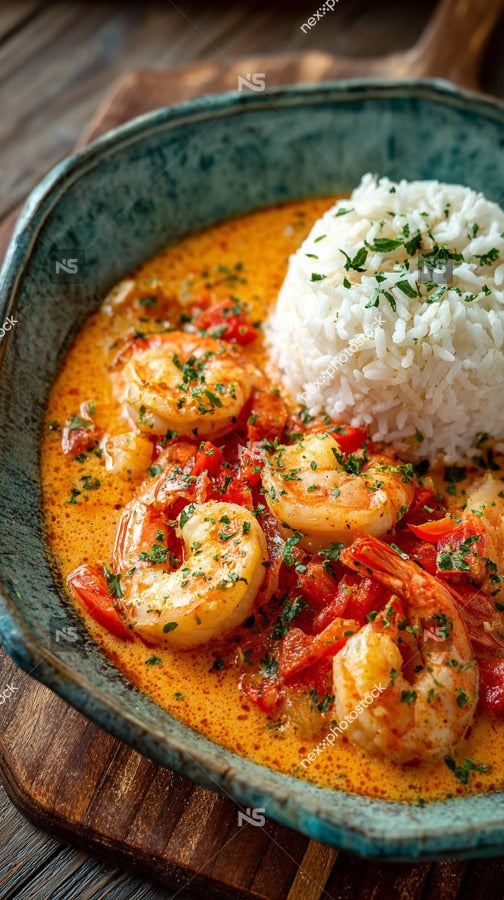 Shrimp Curry With Rice In A Bowl Served With A Side Of White Rice — Stock Photo