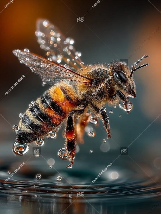 A Bee Hovering Over A Water Droplet With Its Wings Spread Captured From An Overhead Angle Against A Dark Background — Stock Photo