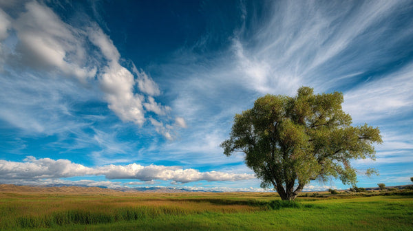 A Solitary Tree Stands Prominently In A Grassy Field Under A Clear Blue Sky With Scattered Clouds — Stock Photo
