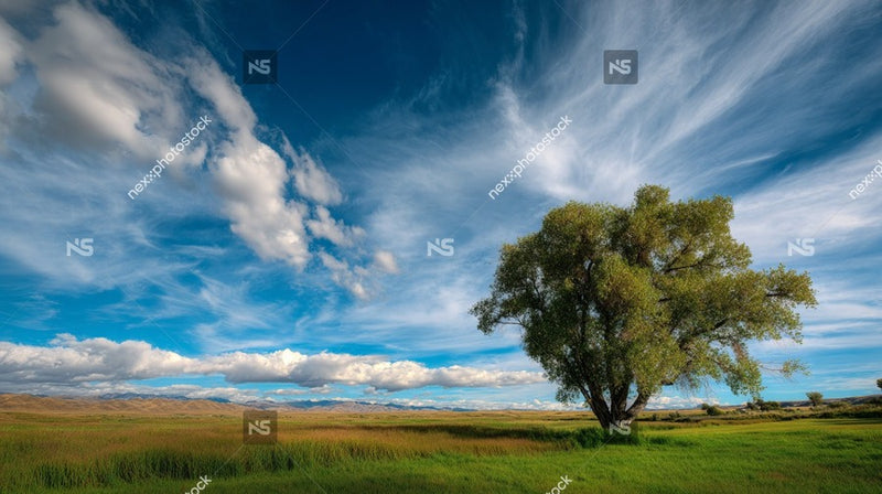 A Solitary Tree Stands Prominently In A Grassy Field Under A Clear Blue Sky With Scattered Clouds — Stock Photo