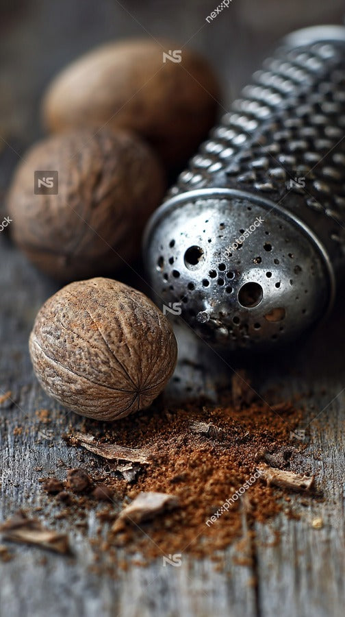 A Collection Of Spices Including Whole Nutmeg And Cinnamon Sticks Displayed On A Wooden Surface — Stock Photo