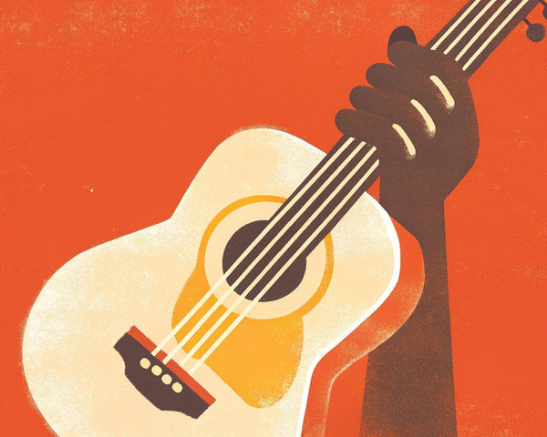 An Acoustic Guitar With A Human Hand Resting On It Set Against A Red Background — Stock Illustration