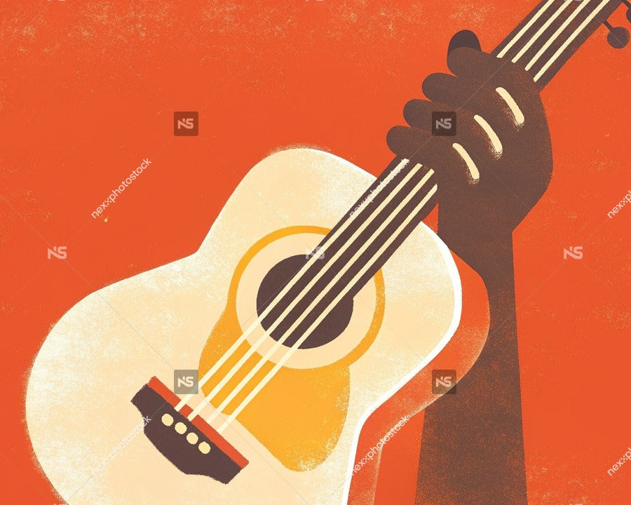 An Acoustic Guitar With A Human Hand Resting On It Set Against A Red Background — Stock Illustration