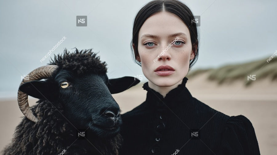 A Woman Stands In A Desert Landscape Holding A Sheep 2 — Stock Photo