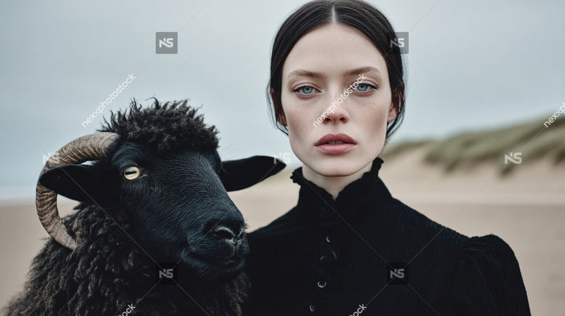 A Woman Stands In A Desert Landscape Holding A Sheep 2 — Stock Photo