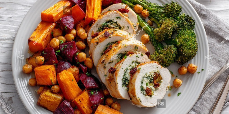 A Plate Of Chicken And Vegetables Including Carrots And Broccoli Served With A Side Of Hummus — Stock Photo