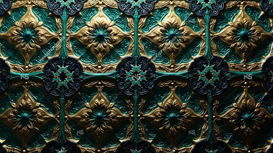 Golden Decorative Patterns With A Teal Background — Stock Photo