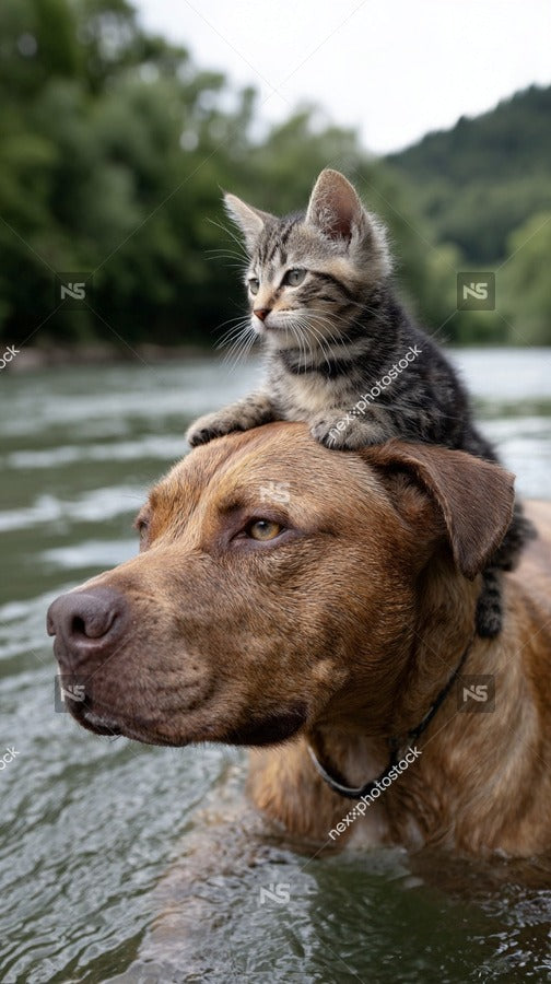 A Cat Riding On A Dog S Back In A River — Stock Photo