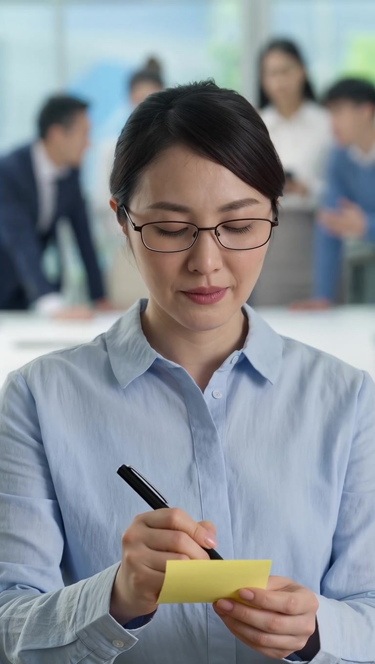 asian woman in glasses holding a pen and writing on a yellow sticky note - Stock Video