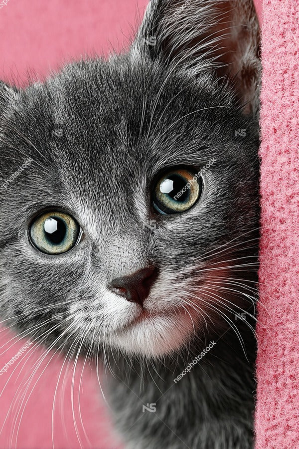 Grey Kitten Peering Out From Behind Pink Curtain With Wide Eyed Expression And Whiskers Visible — Stock Photo