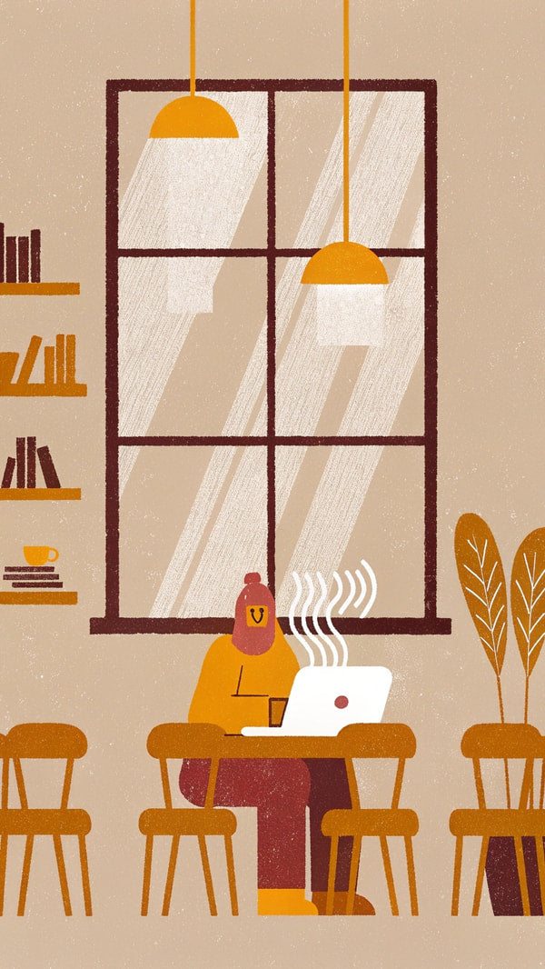 Illustration Of A Person Working On A Laptop In A Cozy Room With A Window And Bookshelf — Stock Illustration