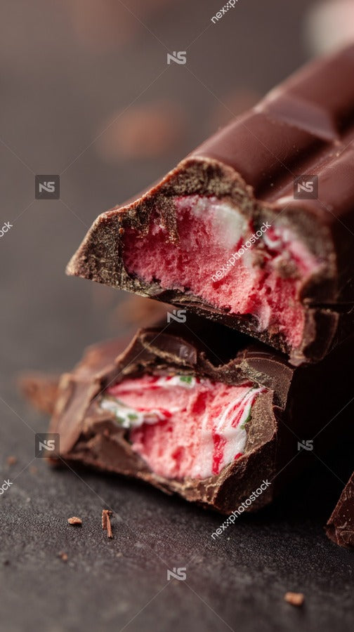A Close Up Image Of A Chocolate Bar With Red Filling Showcasing Its Layers And Texture Against A Dark Background — Stock Photo