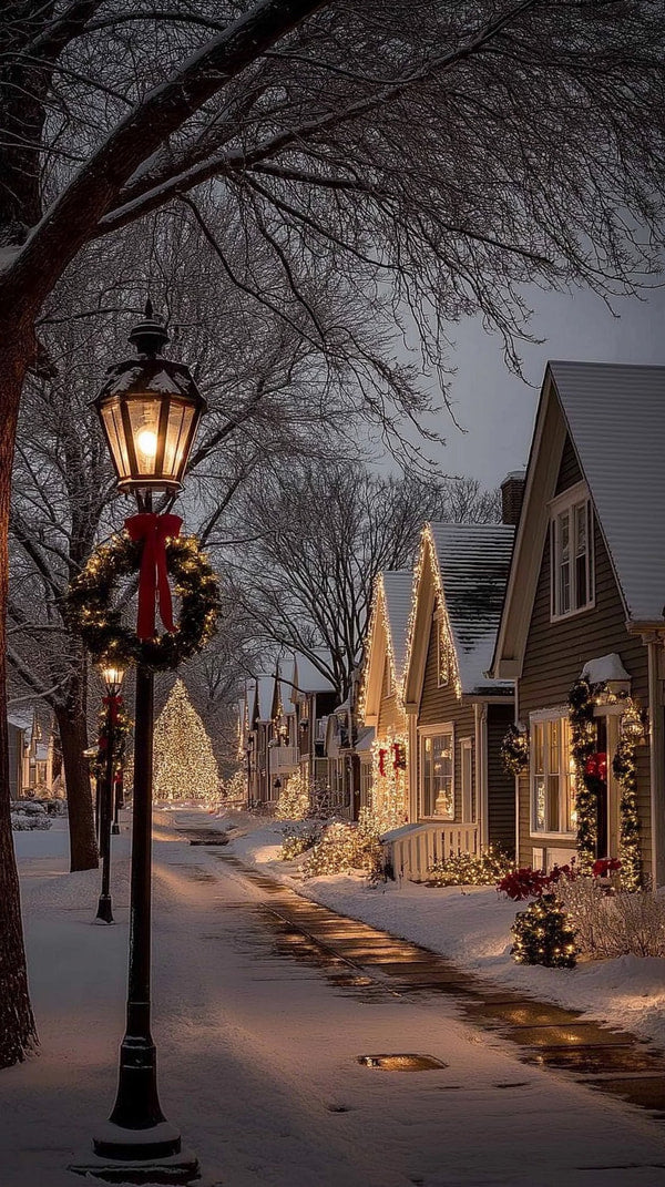 Christmas Lights Illuminate Houses In A Residential Area During Nighttime Creating A Festive Atmosphere — Stock Photo