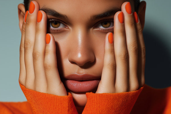 A Woman With Orange Nail Polish In A Portrait Covering Her Face With Both Hands While Looking Directly Into The Camera — Stock Photo