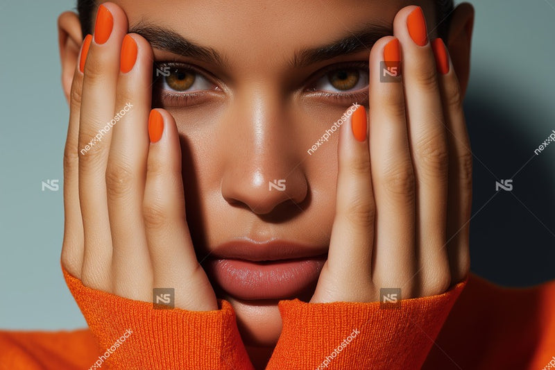 A Woman With Orange Nail Polish In A Portrait Covering Her Face With Both Hands While Looking Directly Into The Camera — Stock Photo