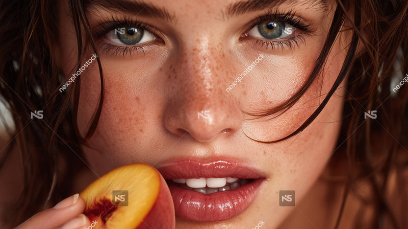 A Woman With Blue Eyes And Freckles Wearing A Red Lipstick Holding An Apple In Her Mouth — Stock Photo