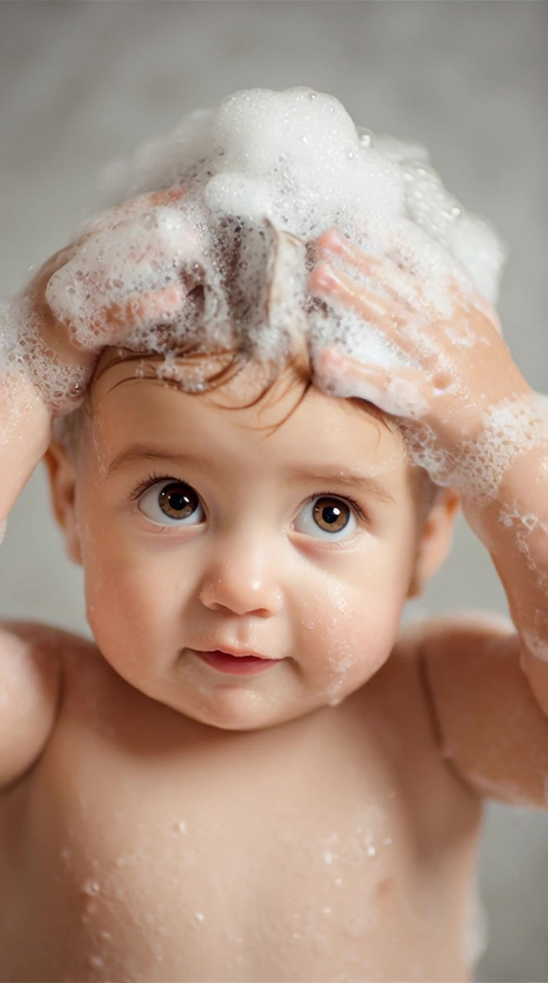 a baby in a bathroom covered in soap bubbles - Stock Video