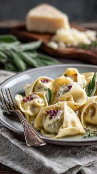 Creamy Pasta With Red Sauce On A Plate Garnished With Herbs And Cheese Served Alongside A Wedge Of Parmesan Cheese — Stock Photo