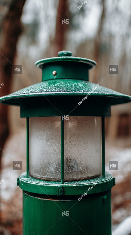 A Green Lamp Post Stands In A Snowy Forest With Ice On Its Glass Globe — Stock Photo