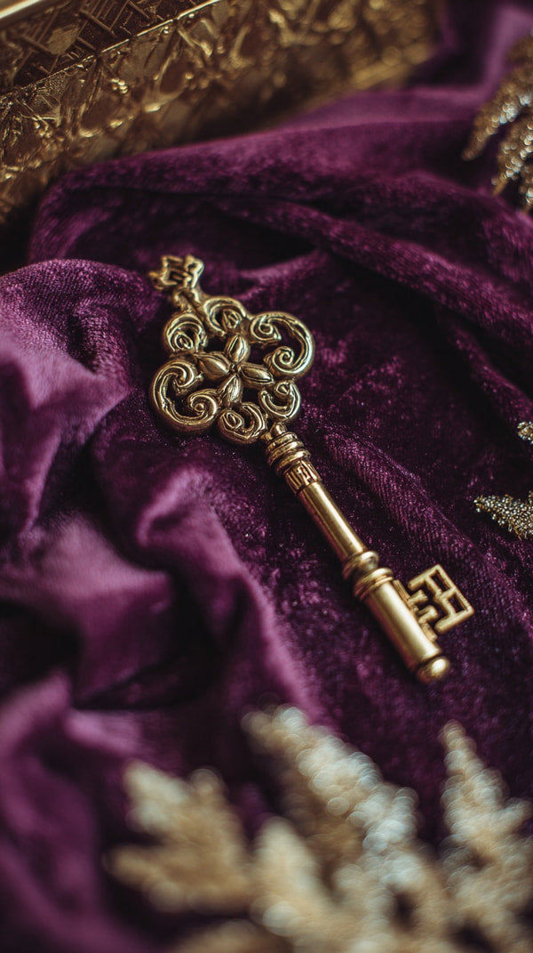 Gold Antique Key With Intricate Design On Purple Velvet Background — Stock Photo