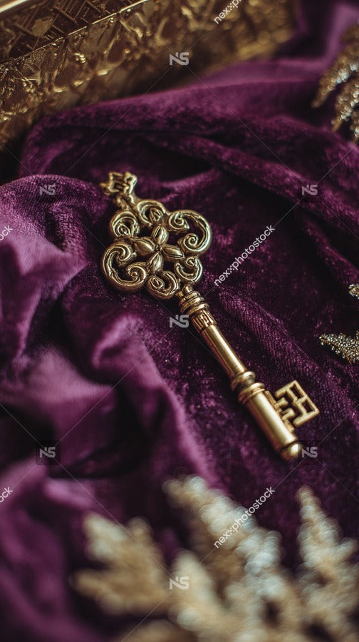 Gold Antique Key With Intricate Design On Purple Velvet Background — Stock Photo