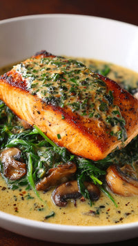 A Plate Of Salmon Topped With Spinach And Sauce Served On A White Plate — Stock Photo