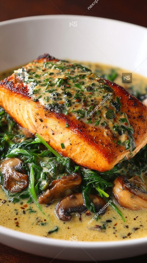 A Plate Of Salmon Topped With Spinach And Sauce Served On A White Plate — Stock Photo