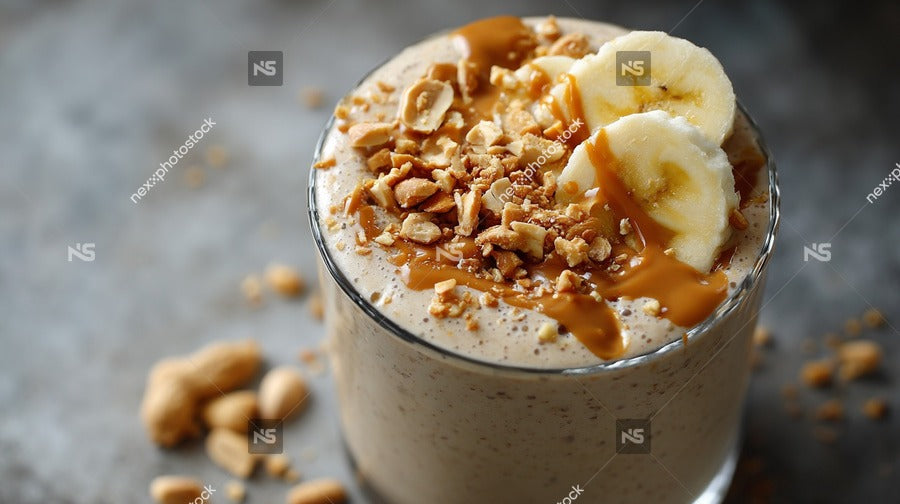 Banana Smoothie With Caramel Drizzle And Nuts On Top Served In A Glass Cup — Stock Photo