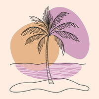 Illustration Of A Tropical Beach Scene With Palm Tree And Sunset A Purple Gradient Sky And A Pinkish Orange Sun — Stock Vector