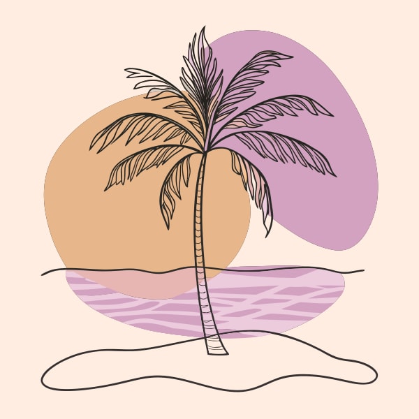 Illustration Of A Tropical Beach Scene With Palm Tree And Sunset A Purple Gradient Sky And A Pinkish Orange Sun — Stock Vector