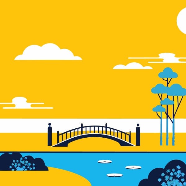 Illustration Of A Serene Landscape Scene A Bridge Over A River At Sunset With Trees And A Clear Sky — Stock Vector