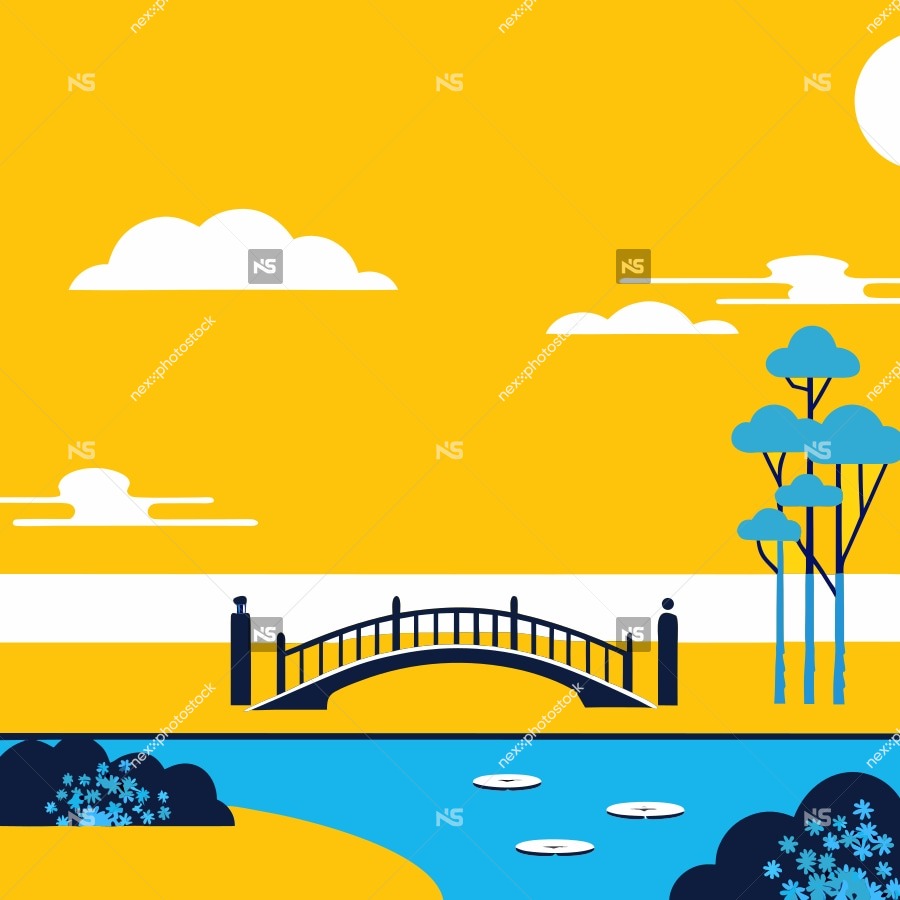 Illustration Of A Serene Landscape Scene A Bridge Over A River At Sunset With Trees And A Clear Sky — Stock Vector