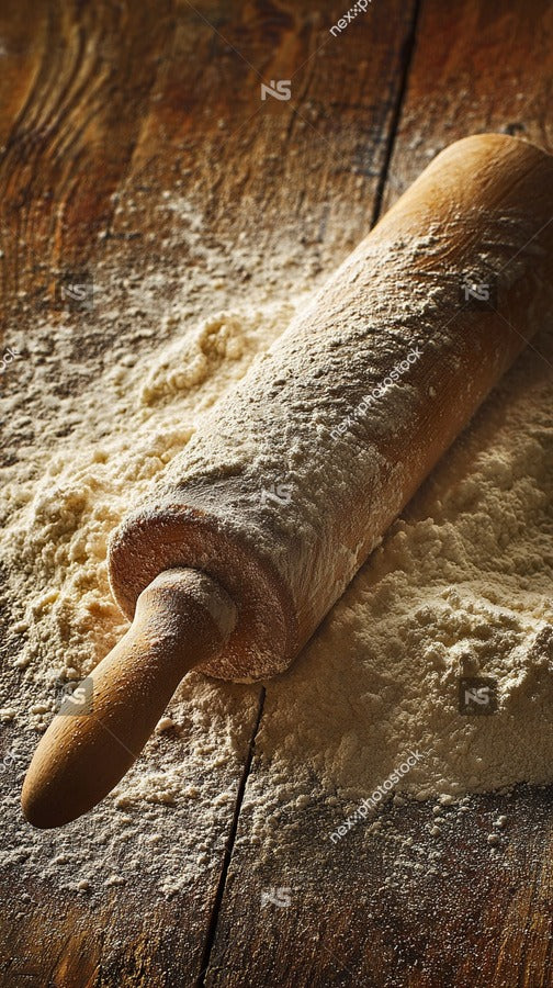 A Wooden Rolling Pin Filled With Flour Resting On A Wooden Surface — Stock Photo