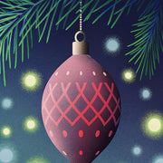 Christmas Ornament Hanging From Tree Branch Against Dark Background With Twinkling Lights And Stars — Stock Illustration