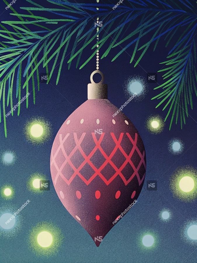 Christmas Ornament Hanging From Tree Branch Against Dark Background With Twinkling Lights And Stars — Stock Illustration