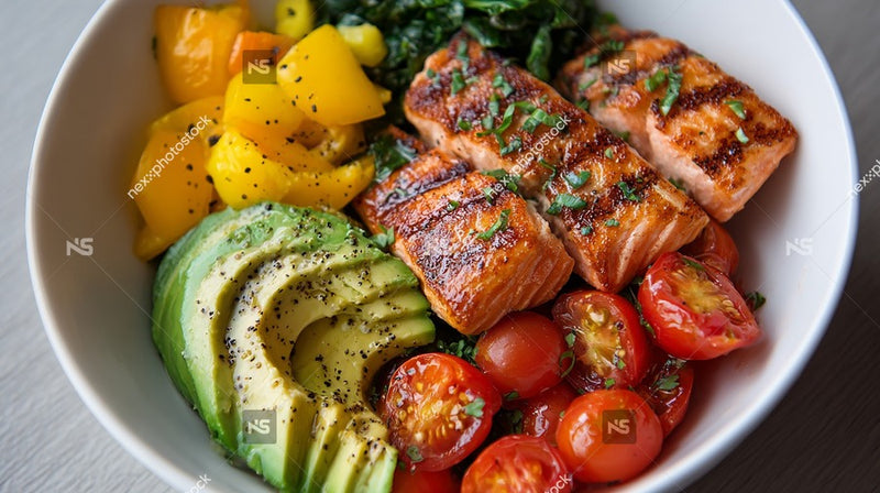 A Colorful Salad Bowl With Grilled Salmon Topped With A Variety Of Vegetables And Garnished With Herbs — Stock Photo