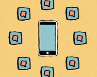 Displays A Smartphone Screen With Multiple Social Media Icons Arranged In A Circular Pattern Set Against A Yellow Background — Stock Illustration