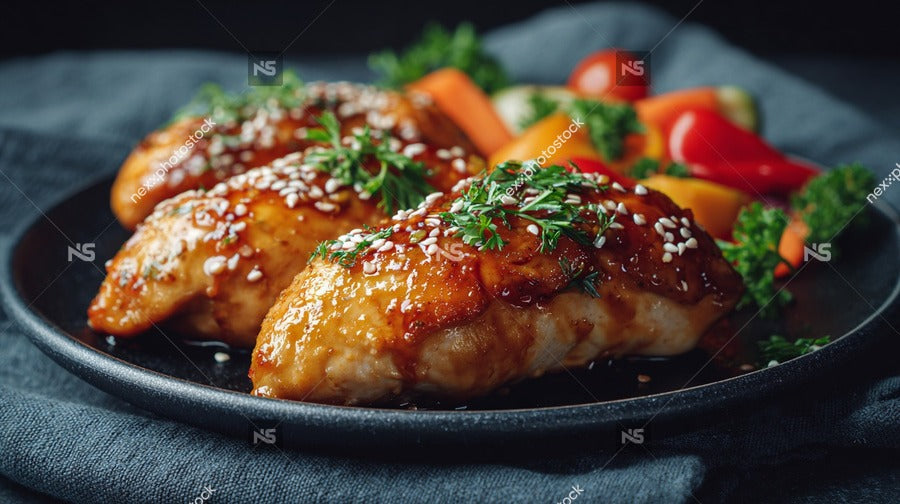 Close Up Of Three Glazed Chicken Wings On A Black Plate Garnished With Sesame Seeds And Green Herbs Against A Dark Background — Stock Photo
