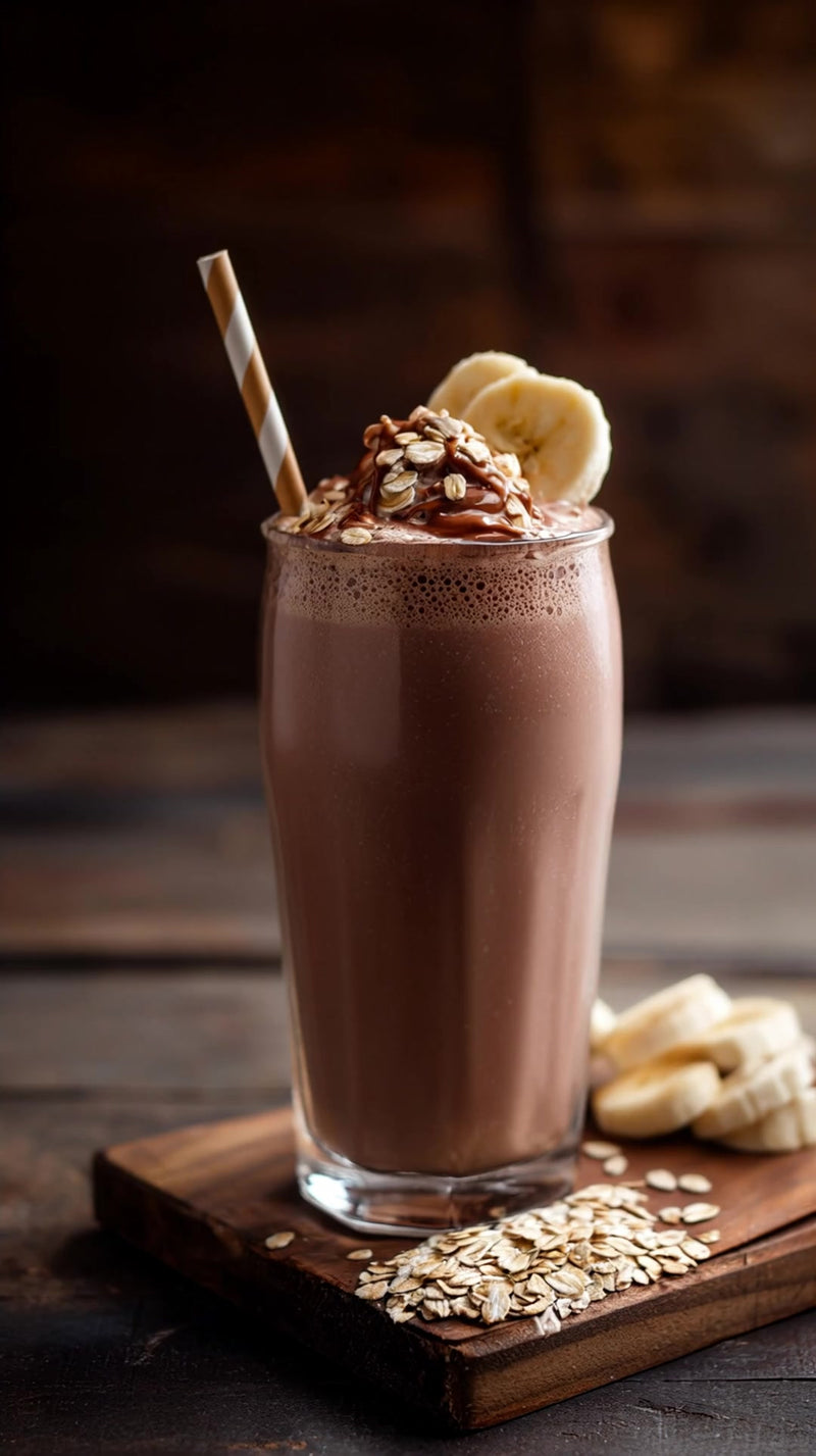 shows a chocolate milkshake with whipped cream and banana slices on top garnished with chocolate shavings and a drizzle of caramel sauce - Stock Video