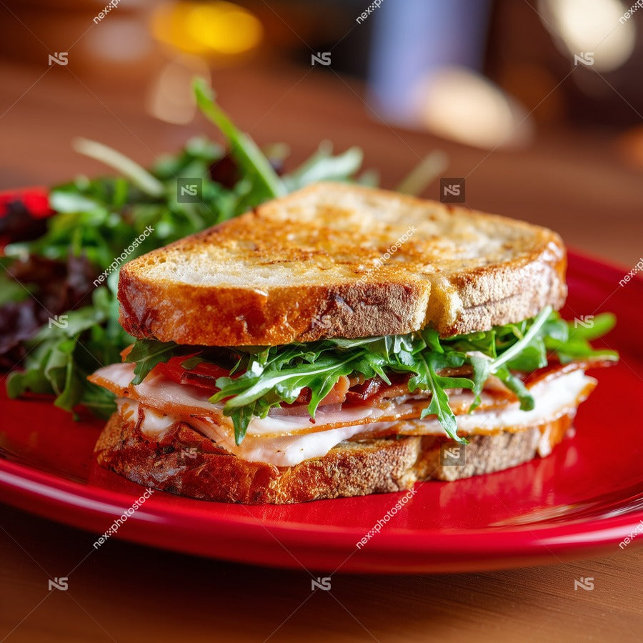 Grilled Sandwich With Arugula Served On A Red Plate — Stock Photo