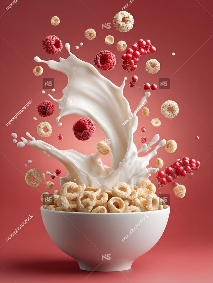 A Bowl Of Cereal With A Splash Of Milk Red Berries And White Cereal Pieces — Stock Photo