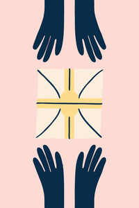 Two Hands Reaching Out To A Gift One Hand Holding A Square Box With A Cross Design On It — Stock Vector