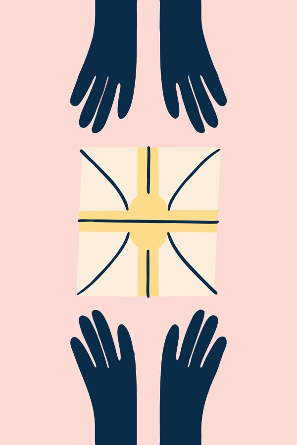 Two Hands Reaching Out To A Gift One Hand Holding A Square Box With A Cross Design On It — Stock Vector