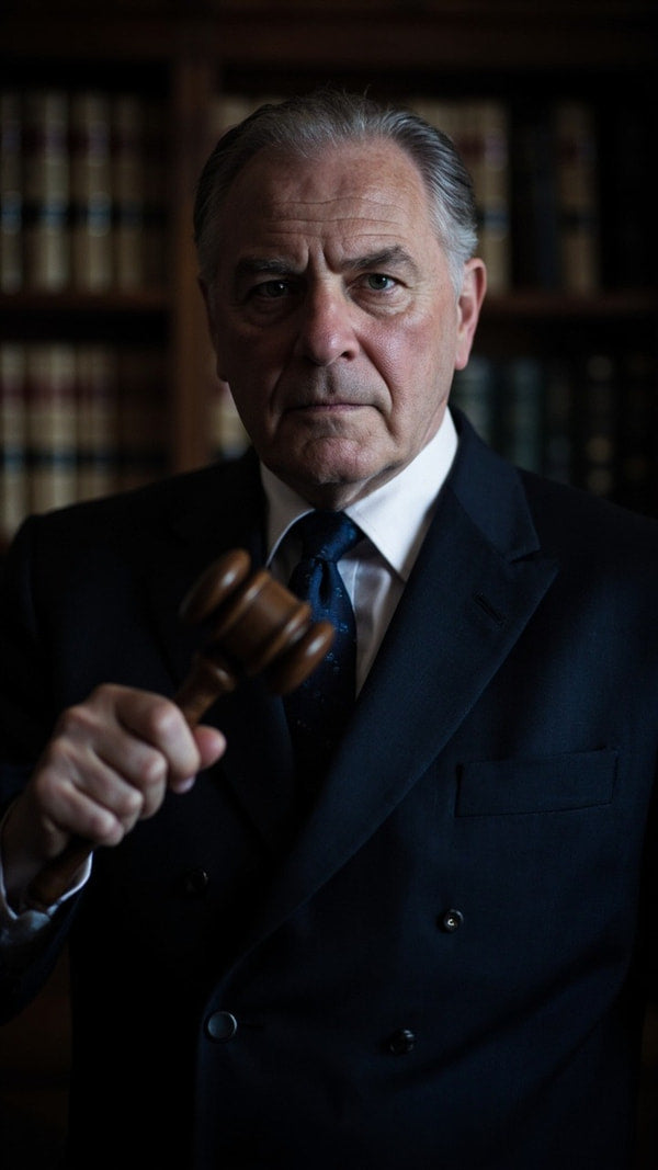 A Portrait Of An Older Man Dressed In A Suit And Tie Holding A Gavel — Stock Photo