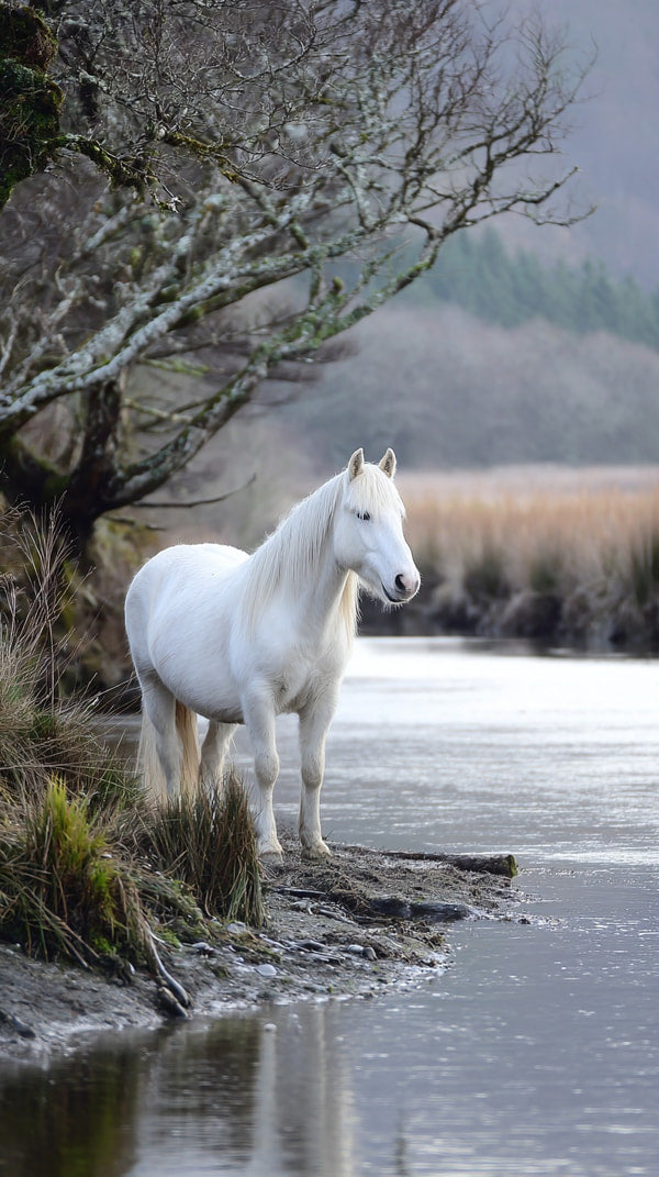A White Horse Stands Near A River With A Backdrop Of Trees And A Clear Sky — Stock Photo