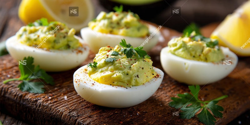 Deviled Eggs Topped With Avocado And Garnished With Lemon Wedges On A Wooden Cutting Board — Stock Photo
