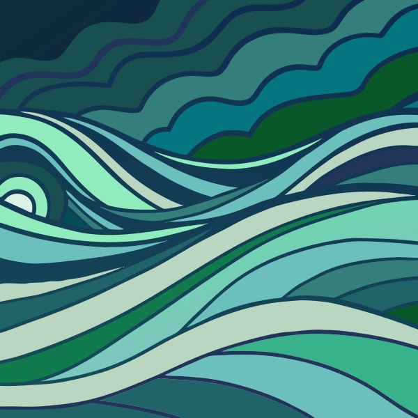 Stylized Ocean Waves With Abstract Swirls And Patterns Set Against A Dark Blue Background With Hints Of Lighter Blues And White — Stock Vector